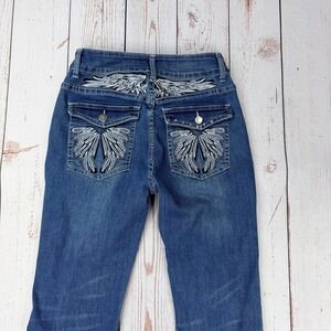 Between Us Angel Wing Embroidered Flare Jeans Medium Wash Blue Denim Size 9